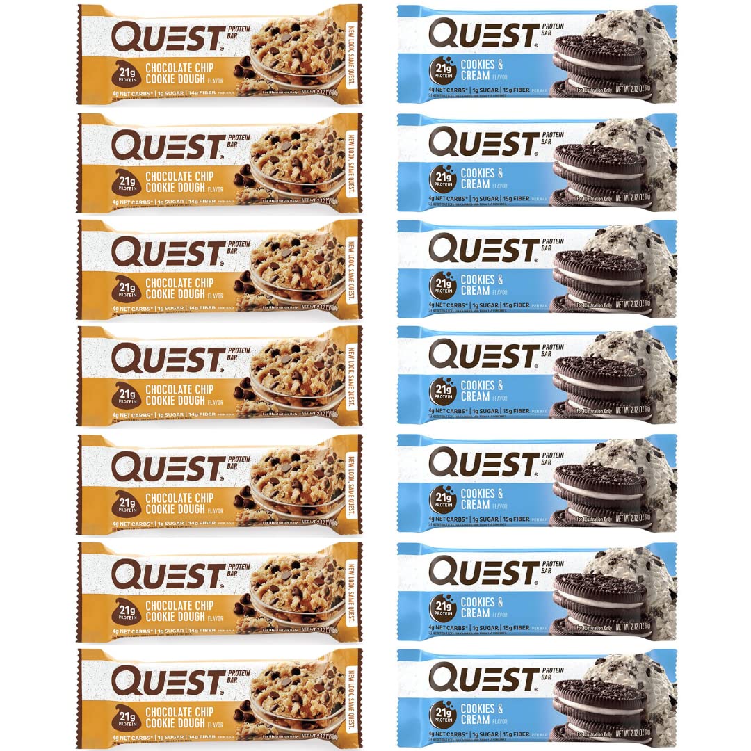 Quests Nutrition Protein Bars, Chocolate Chip Cookie Dough, Cookies & Cream, High Protein Low Carb, Gluten Free, Keto Friendly, 14 Count