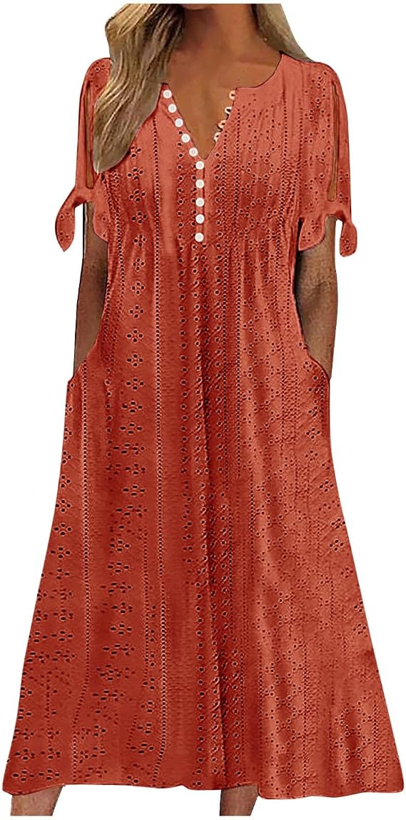 Womens Long Dresses Casual V Neck Eyelet Ruffle Maxi Dress