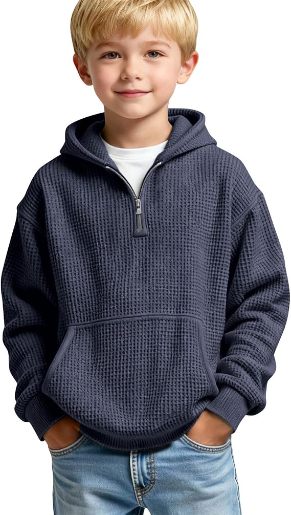 Boys Quarter Zip Hoodies - Waffle Knit Kids Long Sleeve Hooded Sweatshirts Teens Pullover Tops Clothes 4-14 Years