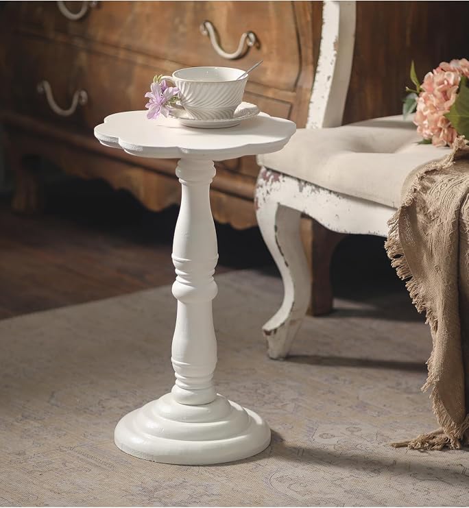 SOFE White Round Small Pedestal Side Table 19" Tall, Floral Shape Tabletop