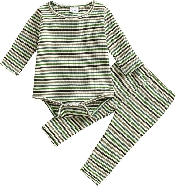 Striped Outfit Newborn Baby Boy Girl Fall Winter Ribbed Knitted Clothes Long Sleeve Stripes Print Romper Pant Sets
