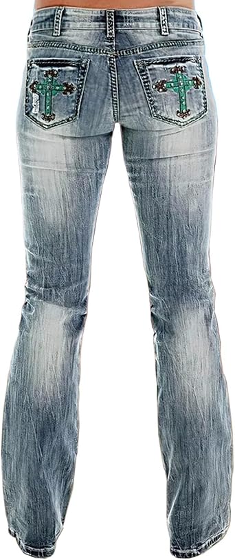 Bootcut Jeans for Women Mid Rise Ripped Distressed Embroidered Cross Jeans Stretchy Fit Denim Long Pants