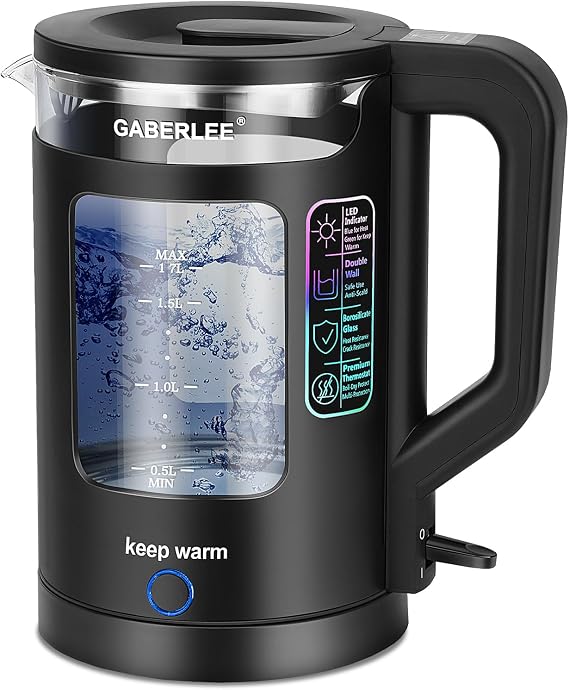 Kettle, 1.8L, 3000W Fast Boil Quiet Electric Glass Kettle with Blue LED, Keep Warm Function, Auto Shut-Off & Boil-Dry Protection, Anti-scale Filter, BPA-Free, Black