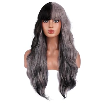 BERON Women Black and Dark Gray Long Curly Wave Wig with Bangs Girls Two Tone Wavy Heat Resistant Wig for Cospaly Costume Party Daily