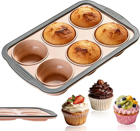 Silicone Muffin Pan for Baking with Metal Reinforced Frame,6 Cups Muffin Pans Nonstick Silicone Cupcake Pan for Egg Bite,Cupcakes, Breads,Muffin