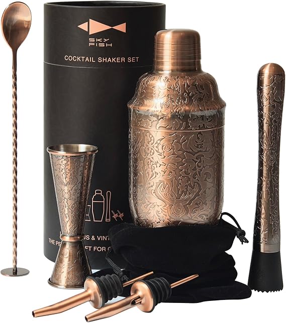 SKY FISH Cocktail Shaker Set | 6 Piece Bartender Kit with 3D Embossed Design | Professional Cocktail Making Set for Cocktail Lover | Antique Copper | Hand Wash.