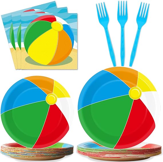 96PCS Beach Ball Plates and Napkins Summer Beach Party Decor for 24 Guests