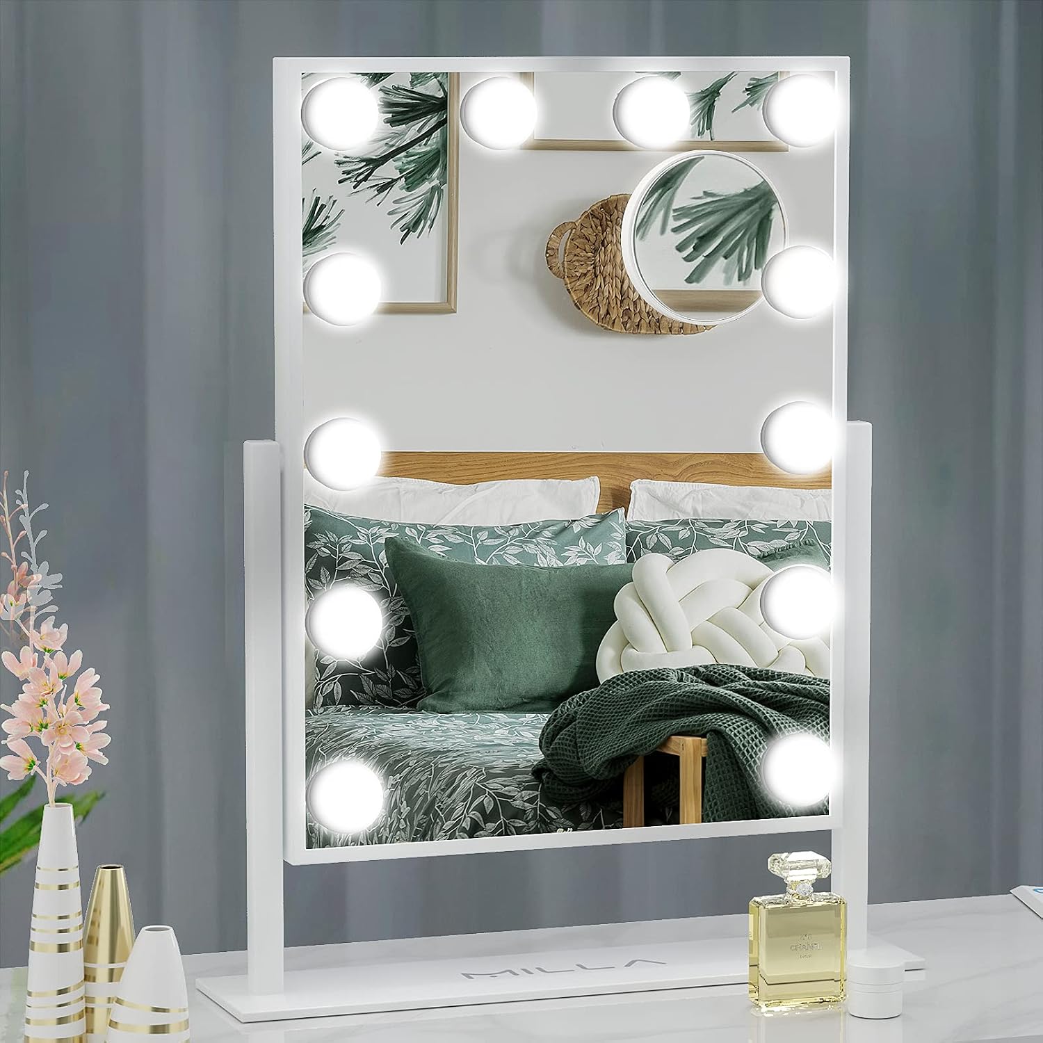 Lighted Makeup Mirror, MILLA Hollywood Makeup Mirror with 12 Bulbs and Smart Touch Control, 3 Color Light Modes, Detachable 10X Magnification, 18.5 x 14.3, White