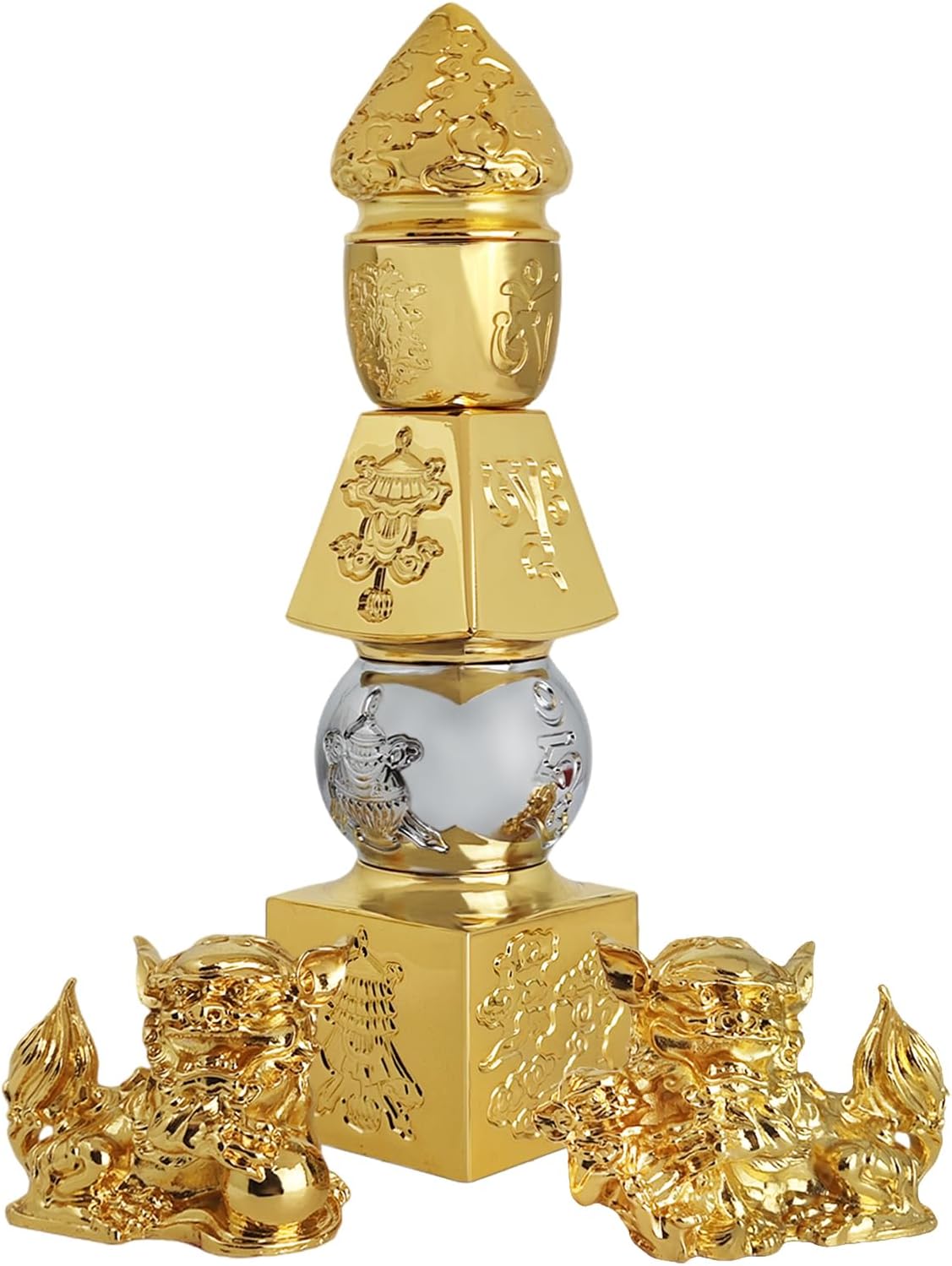 Feng Shui 5 Element Pagoda with 8 Auspicious Objects and Fu Dogs Decoration Figurine Eight Treasure Pagoda Ornaments w5654