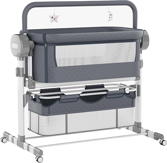 Electric Bluetooth Smart Next to Me Crib, Baby Co-sleeper Cot with Mattress, Cradle with Music, Remote and 5 Swaying Gears, Baby Bedside Crib for Newborn (608 Grey)