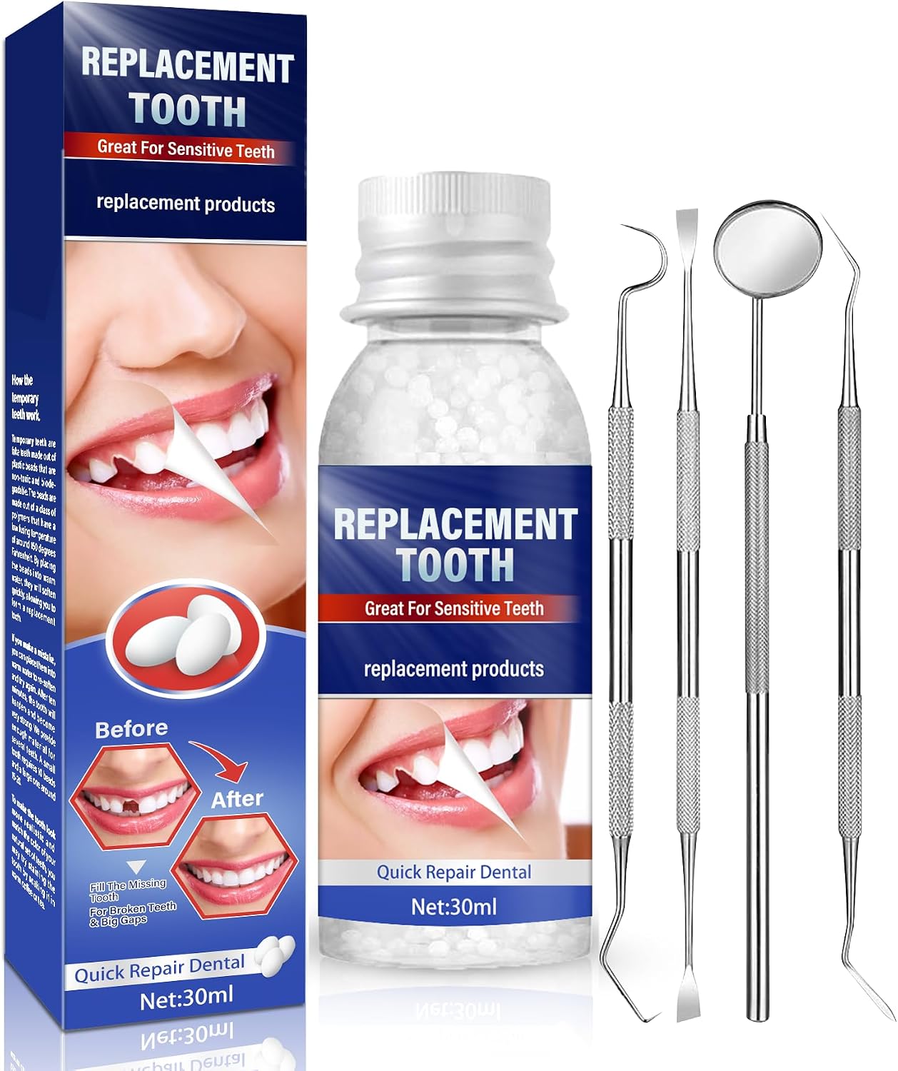 Tooth Repair Kit, Moldable Dental Care Kit, Tooth Filling Repair Kit with 4 Dental Tools-Fixing The Missing and Broken Replacements