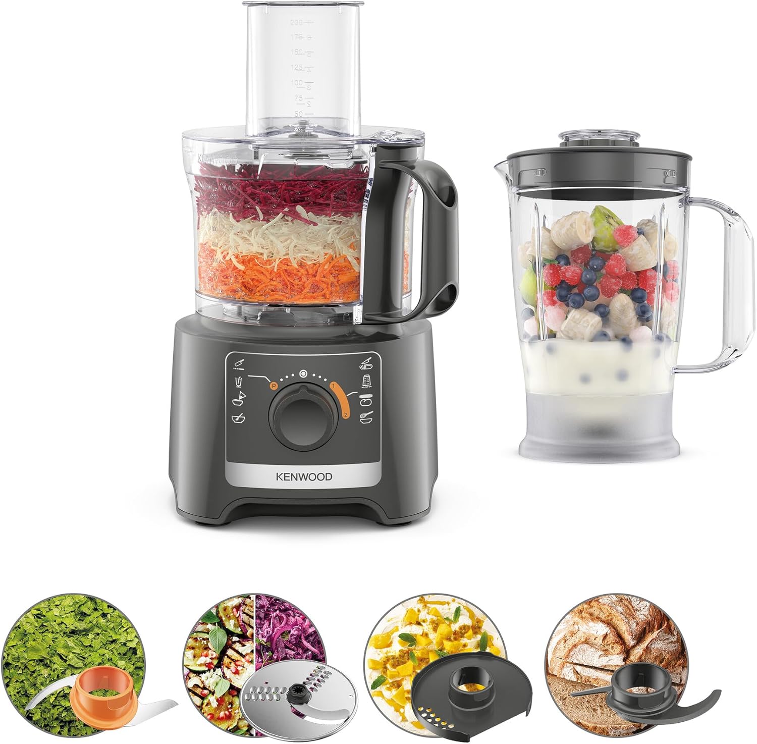 Kenwood MultiPro Compact FDP31.170GY, mutfak robotu, yoğurma fonksiyonu ve dilimleme diski, 1,2 l blender, 2 hız  darbe, 2,1 l kase, 800 W, gri