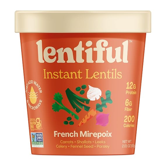 Lentiful French Mirepoix Instant Lentil Cup, Vegan, Gluten-Free | Carrots, celery, onion, leek, fennel, savory, not spicy. 12g protein, 6g fiber. Pair with crusty bread or serve over quinoa