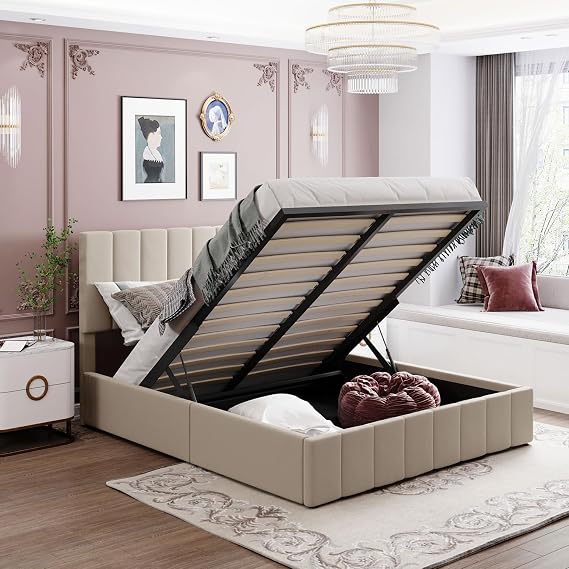 Queen Size Upholstered Platform Bed with Hydraulic Storage - Stylish Beige
