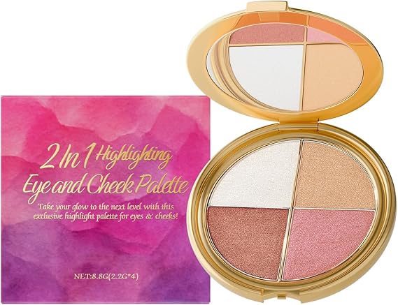 Cheek Palette & Eyeshadow Palette - 4 in 1 Makeup Palette with Highlighter, Shimmer Eyeshadow, Blush & Contour for Eyes & Cheeks - Portable Compact Face Makeup Palettes for Women