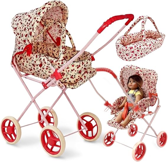 Baby Doll Stroller Play Set, 3-in-1 Babydoll Stroller with Removable Bassinet Baby Carriage for Dolls Toy Doll Stroller for Toddlers 3-4 Years, Floral
