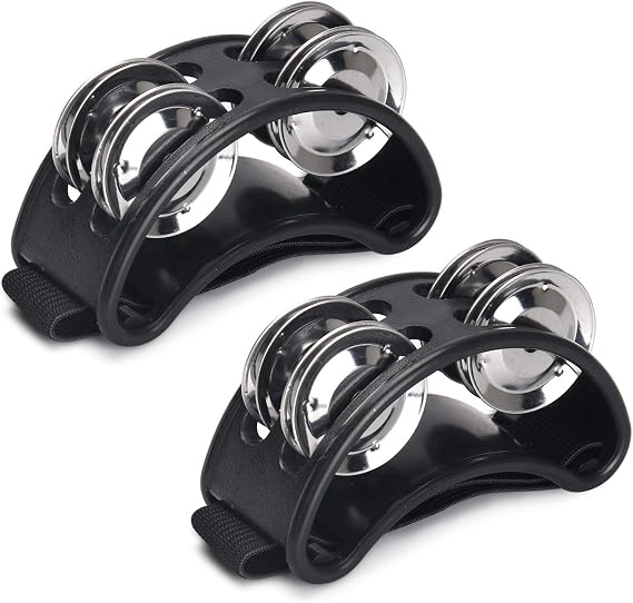 Facmogu 2PCS Foot Tambourine Percussion, Musical Instrument Percussion Pedal with Steel Jingle Bells for Drum & Guitar Playing, Foot Percussion Shakers with Elastic Strap for Adults - Black