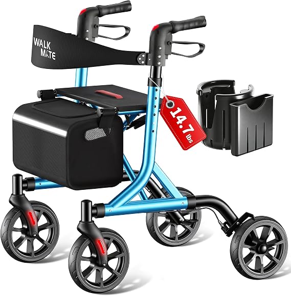 WALK MATE Roller Walker with Seat Basket for Seniors and Adults 8" Wheels Padded Backrest Roller Walker Compact Folding Design Lightweight Mobility Walking Aid Aluminum Frame Blue