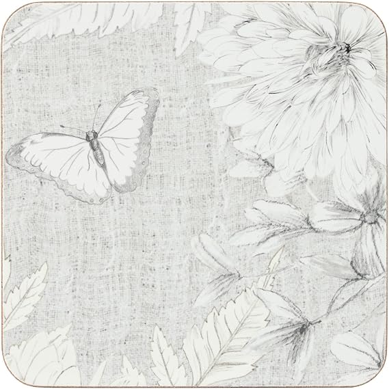 Cork Backed Coasters with Butterfly and Floral Design, Set of 4, Square Shape