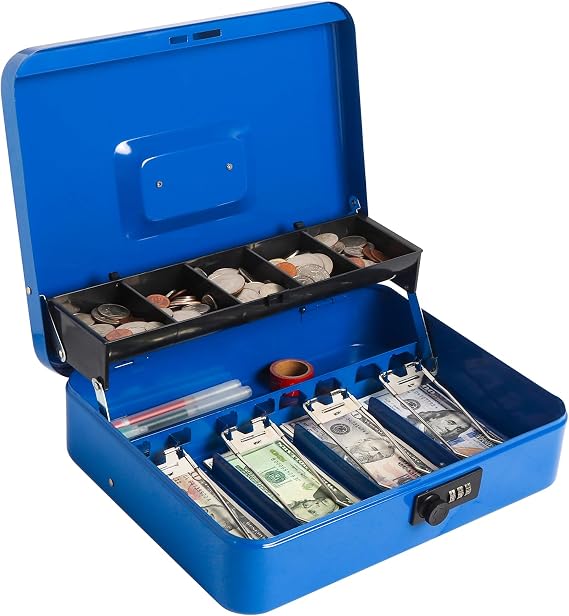 Large Cash Box with Money Tray and Lock, Metal Money Box for Cash, Lockbox 11.8 x 9.5 x 3.54 Inches (Blue combination lock)