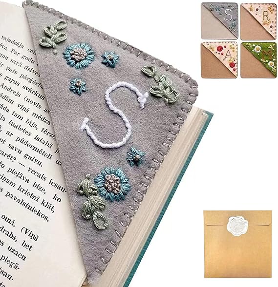 Personalized Hand Embroidered Corner Bookmark, 26 Letters Hand Stitched Felt Corner Letter Bookmark, Cute Flower Embroidery Bookmarks for Book Reading Lovers Meaningful Gift (Winter,R