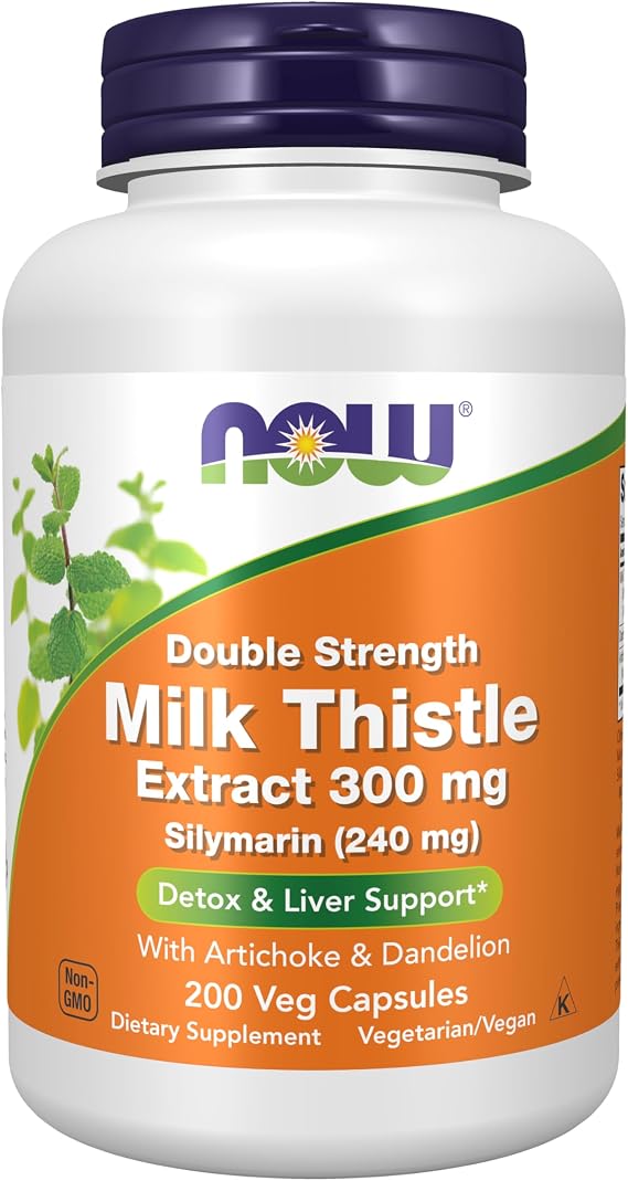 NOW Foods Supplements, Silymarin Milk Thistle Extract 300 mg with Artichoke and Dandelion, Double Strength, Supports Liver Function*, 200 Veg Capsules