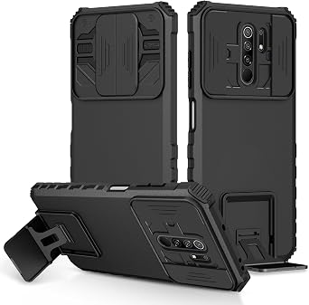 Case for Redmi 9/Redmi 9 Prime/Poco M2/Poco M2 Reloaded M2004J19PI Case with Slide Camera Lens Kickstand Military-Grade Bumpers Armor Shockproof Protective Cover for Xiaomi Redmi 9 Black