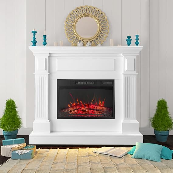 43 Inch White Electric Fireplace with Mantel, Stylish Heater for Your Living Room or Bedroom, Includes Remote Control and LED Flame Effects