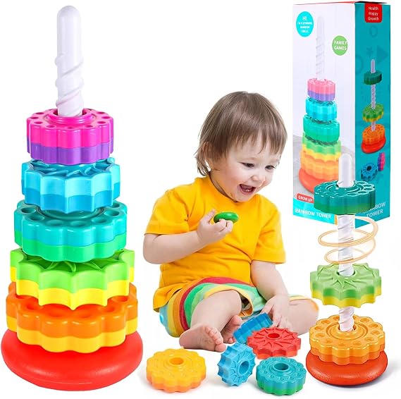 Spinning Stacking Toy for Kids,Rainbow Tower Ring Stacker Toy,Stacking Rings Game Kids,Sensory Spin Gears Rings Toys,Stackable Educational Toy for Toddlers Plugging Family Games for Kids