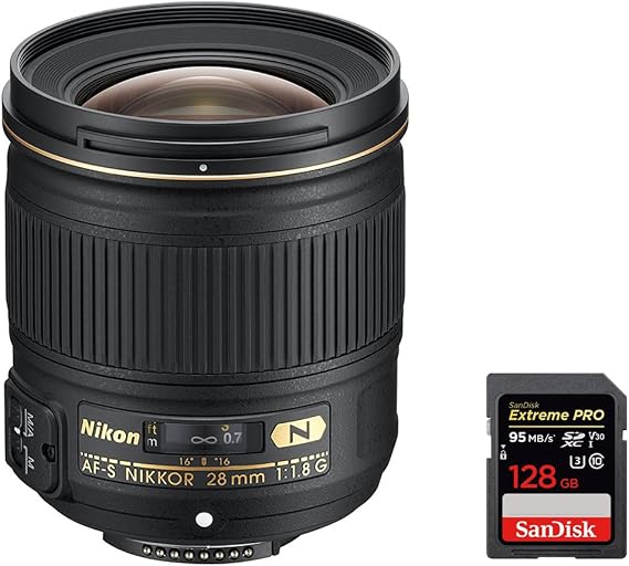 Nikon (2203 AF FX Full Frame NIKKOR 28mm f/1.8G Compact Wide-Angle Lens w/Auto Focus Bundle with Sandisk Extreme PRO SDXC 128GB UHS-1 Memory Card