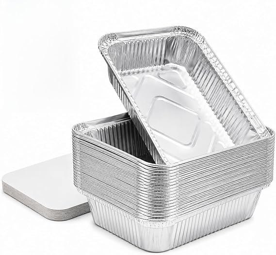 E Greenwize Packaging Aluminium Foil Containers with Lids, 750ml, Disposable Food Storage Trays for Baking, Roasting, BBQ, Cooking, Pack of 50, 20.3 x 13.3 x 3.5 cm