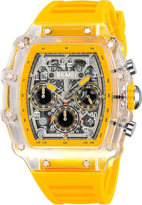 MASTOP Fashion Hollowed Men Watches Tonneau Transparent Silicone Strap Skull Big Face 50M Waterproof Chronograph Calendar Analog Display Quartz Male Wrist Watch