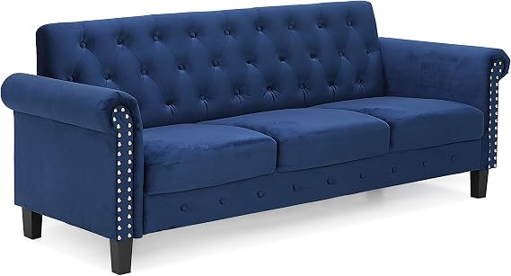 Furinno Bastia 3-Seater Loveseat Sofa, 79" Wide, Navy Velvet | Vintage Button Tufted Upholstery, Wood Frame, Easy Assembly, Modern Couch, for Living Room, Bedroom