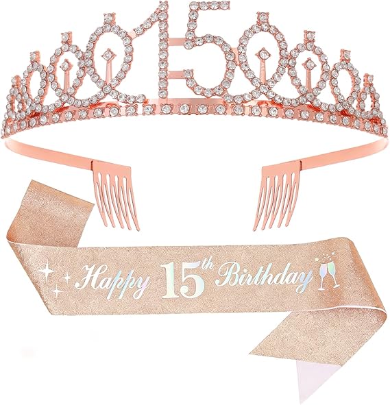 15th Birthday Crown & Sash for Girl, Rose Gold