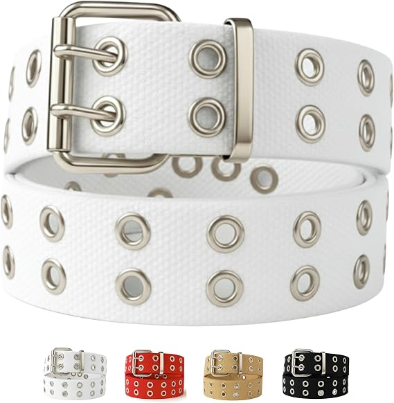 Double Grommet Belt Canvas Punk Style Web Belt Double Eyelet for Women Men Jeans 2 Hole Belts 1.5'' Wide