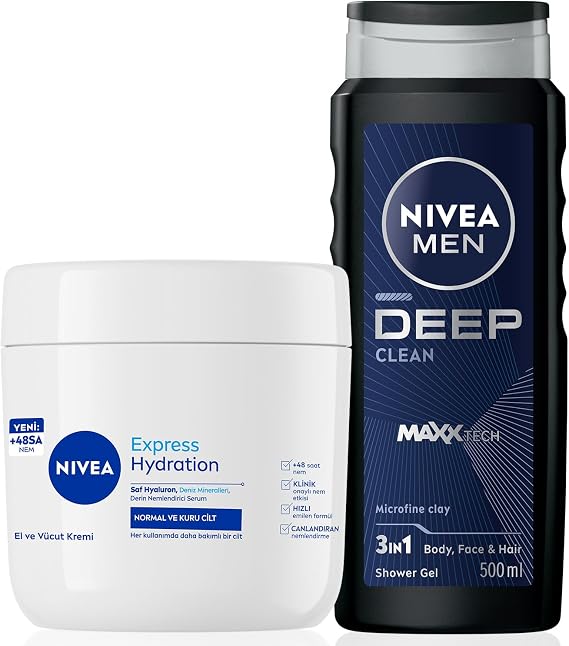 Nivea MEN Men's Deep Dimension Bath Shower Gel 500ml and Intensive Moisturizing Hand And Body Care Cream 400ml