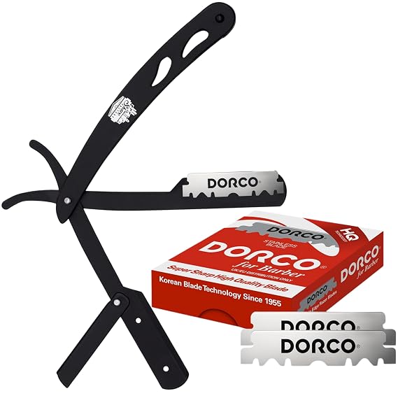 the shave factory Straight Edge Razor Kit (Black / 100 Dorco Single Edge Razor Blades Red)