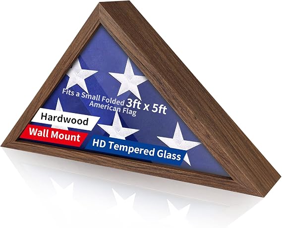 Wooden Flag Display Case for 3'x5' Folded American Flag (Not for Burial), Military Veteran Shadow Box With HD Tempered Glass, Wall Mounted Triangle Frame, Rust Brown
