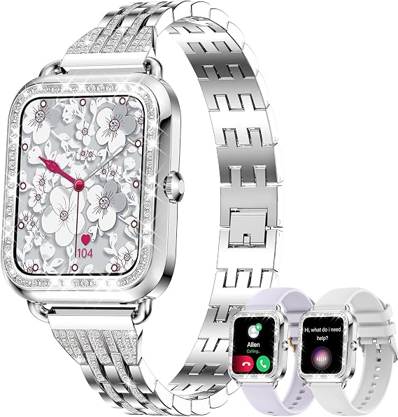 Smart Watch for Women Diamonds(Answer/Make Call),1.29''HD Touch Screen Smart Watch Android,Fitness Tracker with Heart Rate/Blood Oxygen/Sleep Monitor,Waterproof Smartwatch 3 Strap (Diamond Silver)