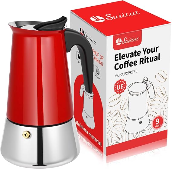 9 Cup Stainless Steel Moka Pot, 450ml Stovetop Espresso Maker, Red