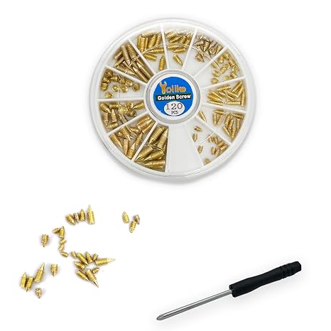 120 pcs Nickel Plated Tip Screws Pointed Cross Slot Leather Accessories 12 Sizes Gold Belt Screws Include M2*3-M2*6, M2.5 * 3-M2.5 * 8, M3*3-M3*8 with 2mm Screwdriver for Belt Buckle Wallet Handbag
