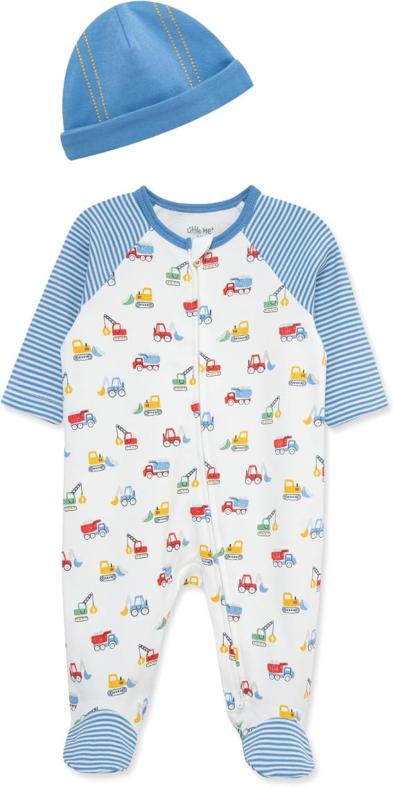 Little Me Baby Boy Clothes 2-Piece Baby Sleeper and Cap Set, 100% Cotton Footies Baby Essentials