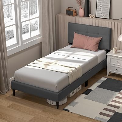 KOMFOTT Twin Size Upholstered Platform Bed Frame with Button Tufted Linen Fabric Headboard, Solid Wooden Slats Support Mattress Foundation, No Box Spring Needed, Easy Assembly, Noise-Free