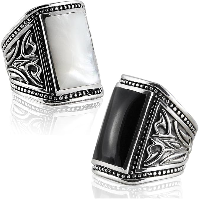 VY JEWELRY Solid 925 Sterling Silver Onyx or Shell Men Rings - Made in Thailand