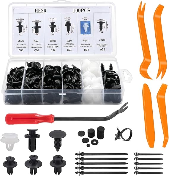 Car Retainer Clips, 135 Pcs Plastic Car Body Trim Clips Kit, Car Fixing Clips, Auto Body Fastener Rivet Trim Clips, with Fastener Rivet Clips, Auto Trim Removal Tools, Cable Ties, Sponge-cushions
