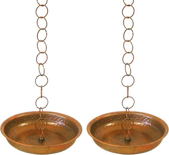 Ancient Graffiti Rain Chain Receptacles, Flamed Copper Color, Pack of 2 Metal Rainwater Collection Basins for Rain Chains & Downspouts
