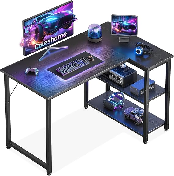 Coleshome L-Shaped Gaming Desk with Reversible Shelves, 100 x 70 cm, Black | Corner Desk with Reversible Storage Shelf, Gaming Table for Gaming Study and Office