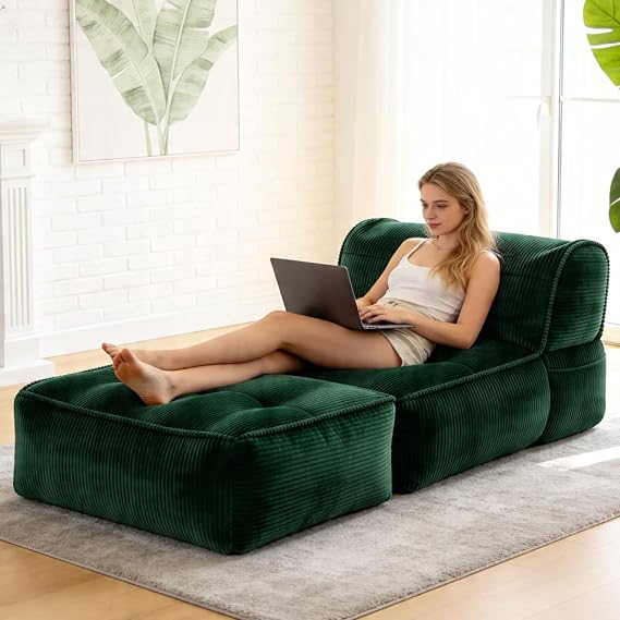 Large Bean Bag Lounger Chair, Oversized Comfy Boneless Couch with High-Density Sponge, Foldable Floor Sofa for Adults, Living Room Bedroom Indoor,Green