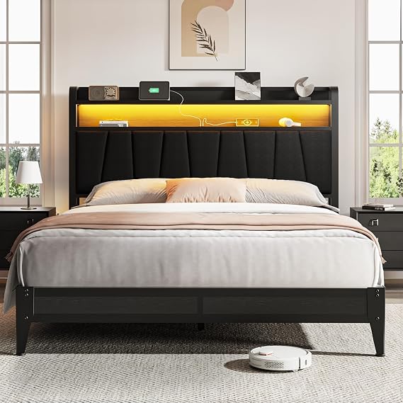PROZENBDING Double Bed Frame with Storage, 4ft6 Platform Upholstered Bed with LED lights and Charging Station, Sturdy Metal Slat Support, No Box Spring Needed, Noise Free, 135x190cm, Black