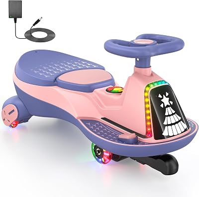 ANPABO 6V Electric Wiggle Car for Kids, Music & Flash Wheels, 170 Lbs Gift for Ages 3, Pink
